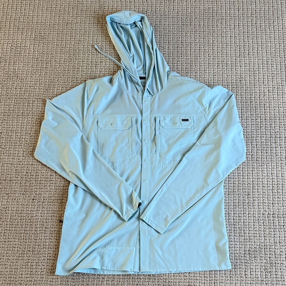 Men's Light Blue Hooded Button Down Shirt